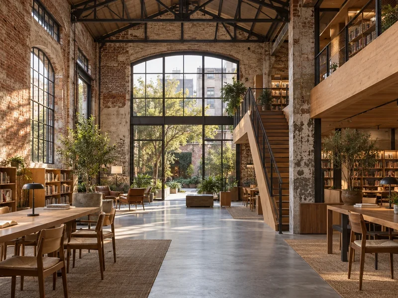 A former industrial building transformed into a warm public library while retaining its brick walls and steel roof structure.