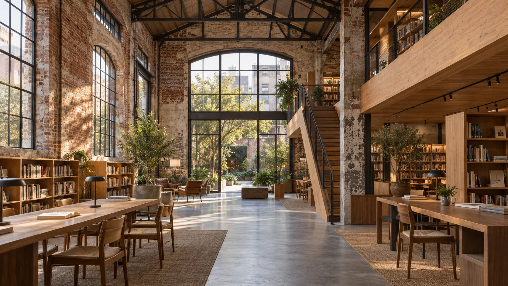 A former industrial building transformed into a warm public library while retaining its brick walls and steel roof structure.