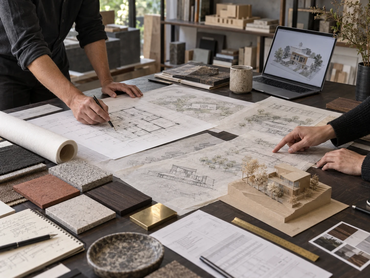 Architects coordinating plans, a model, material samples and project information across a studio worktable.