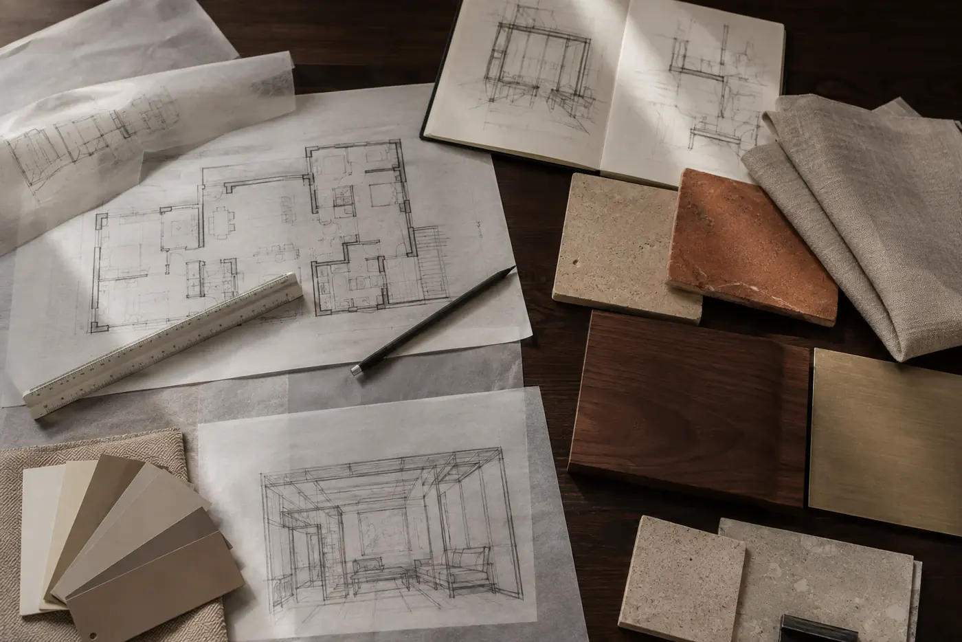 Architectural drawings and warm timber, stone, terracotta and fabric samples arranged across a dark studio table.