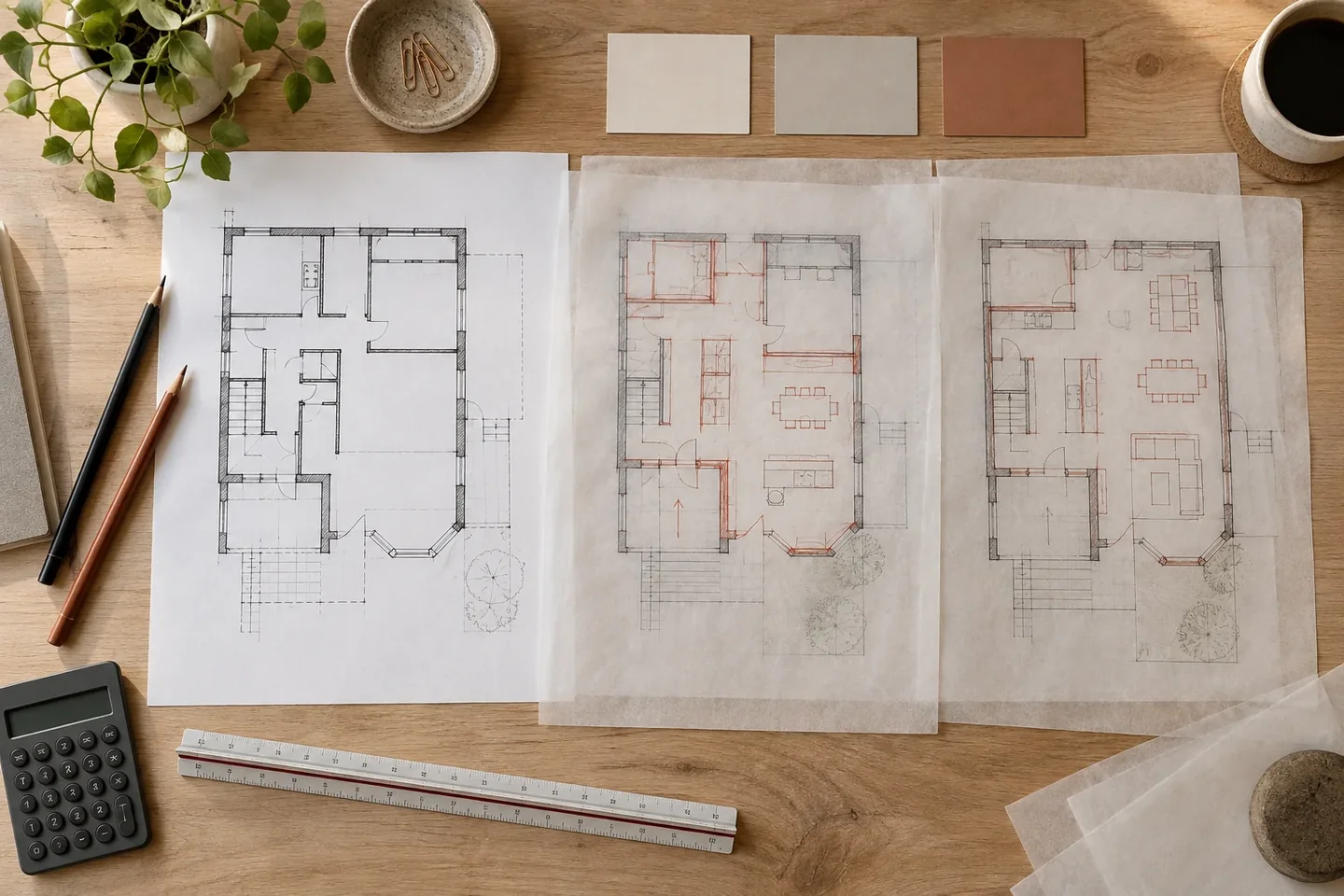 Tracing-paper overlays compare alternative layouts against an existing building survey during an early feasibility review.