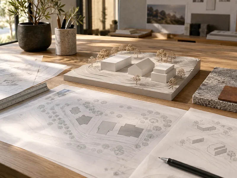 An architectural feasibility study in progress with a site model, survey drawings and alternative massing options arranged on a studio table.