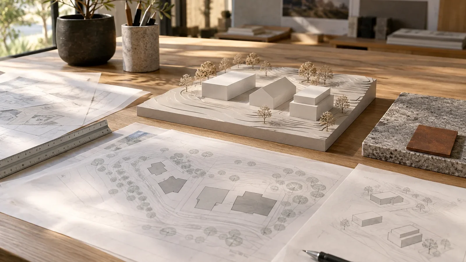 An architectural feasibility study in progress with a site model, survey drawings and alternative massing options arranged on a studio table.