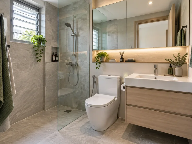A compact Singapore apartment bathroom with a separated shower, clear circulation, ventilation and practical storage.