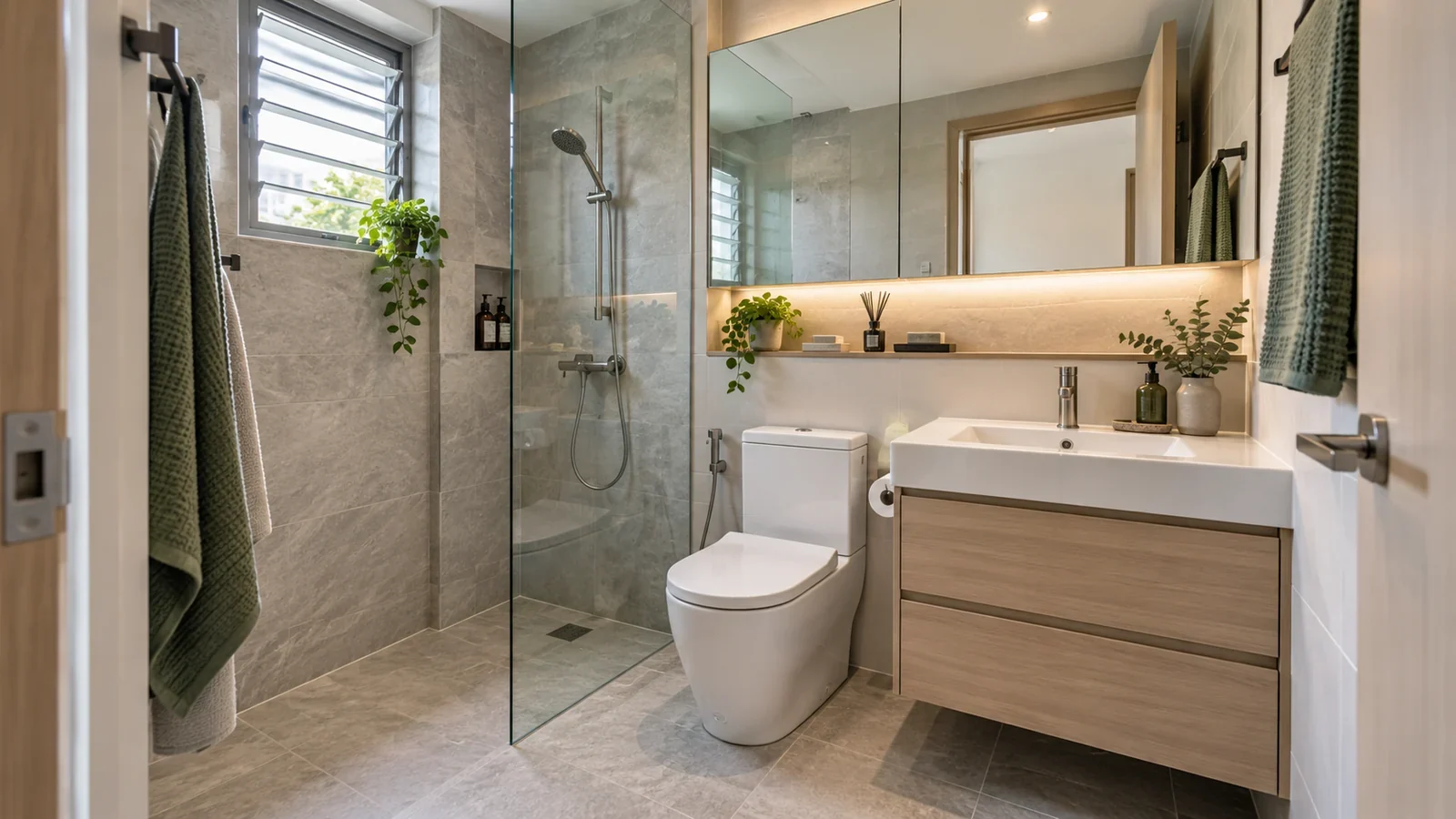 A compact Singapore apartment bathroom with a separated shower, clear circulation, ventilation and practical storage.