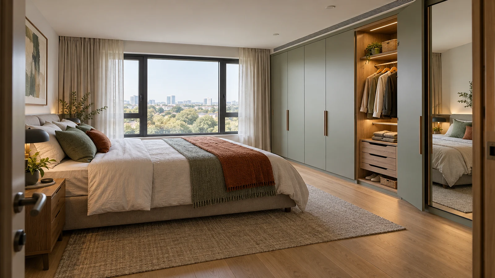 A compact contemporary bedroom with a full-height wardrobe, open storage section and clear circulation around the bed.