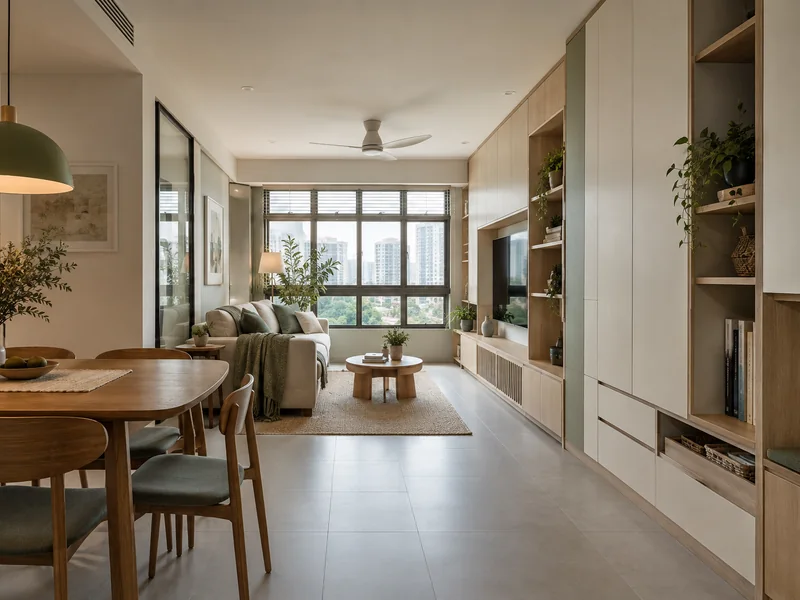 Built-in storage, open shelves and low drawers in a compact contemporary Singapore apartment.