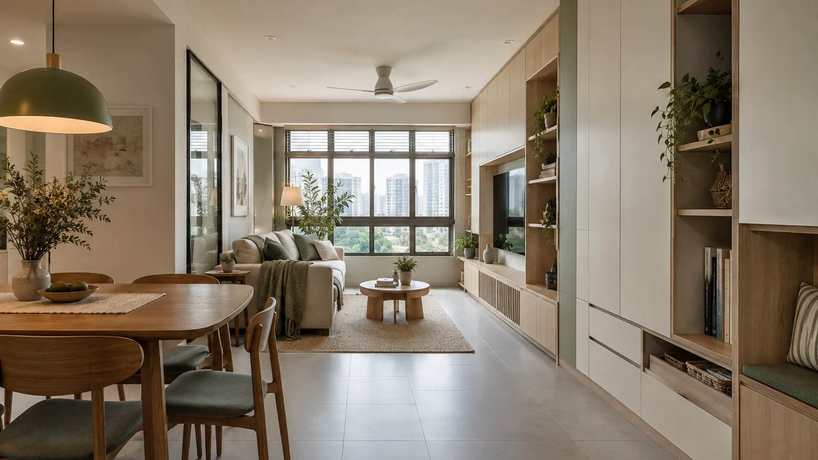 Built-in storage, open shelves and low drawers in a compact contemporary Singapore apartment.
