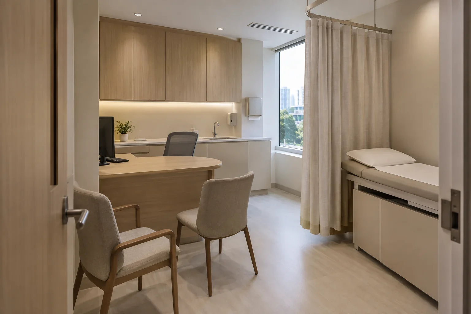 A compact consultation room with screened examination space, closed storage and a discreet workstation.