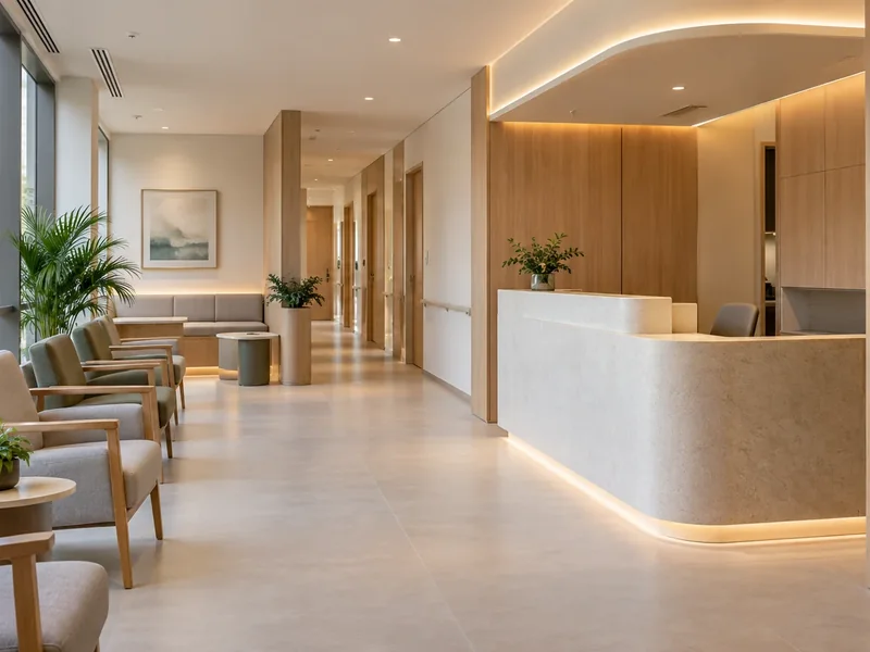 A calm clinic reception and waiting area with clear circulation, varied seating and a discreet front desk.