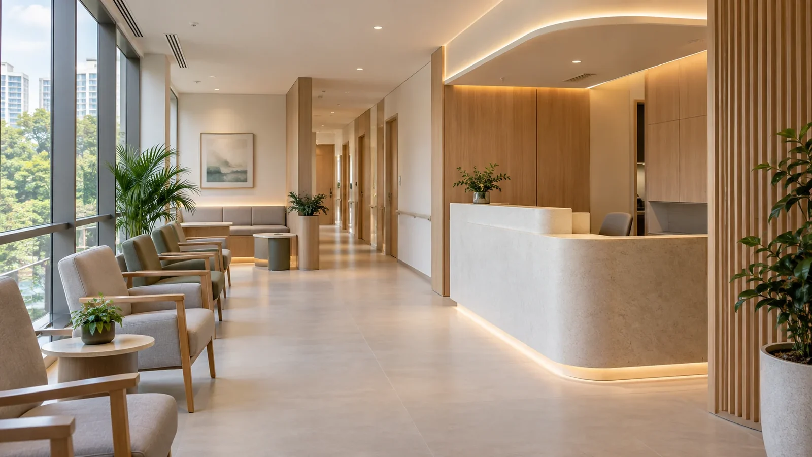 A calm clinic reception and waiting area with clear circulation, varied seating and a discreet front desk.