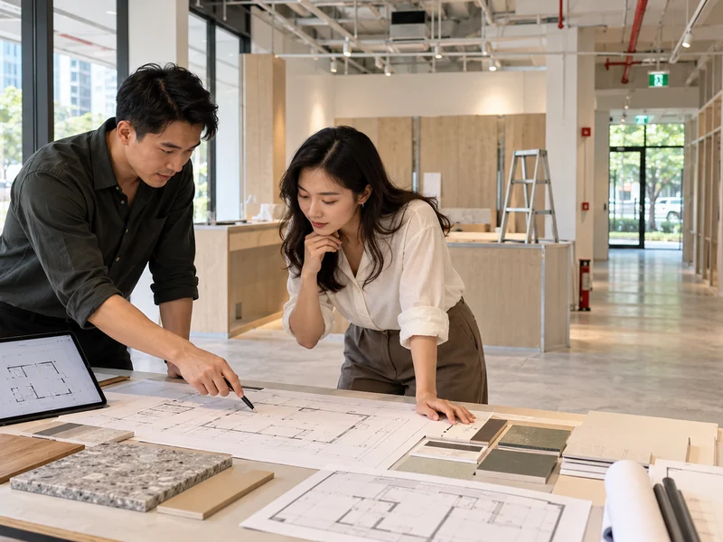 Architect and business owner review fit-out plans and material samples inside a bright Singapore commercial unit with visible ceiling services and a clear exit route.