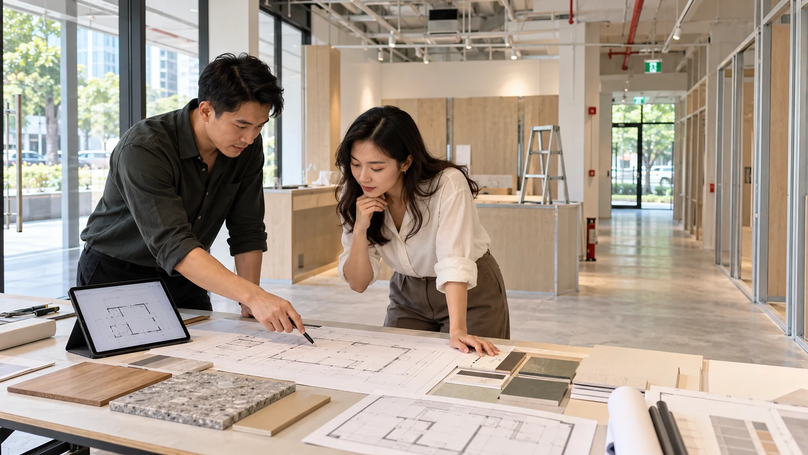 Architect and business owner review fit-out plans and material samples inside a bright Singapore commercial unit with visible ceiling services and a clear exit route.