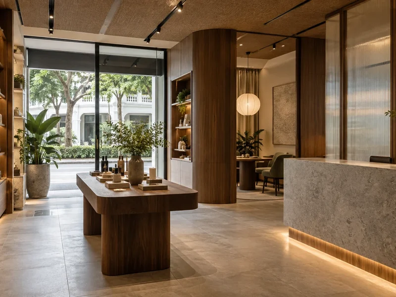A refined Singapore commercial interior with clear circulation, warm materials and a welcoming retail frontage.