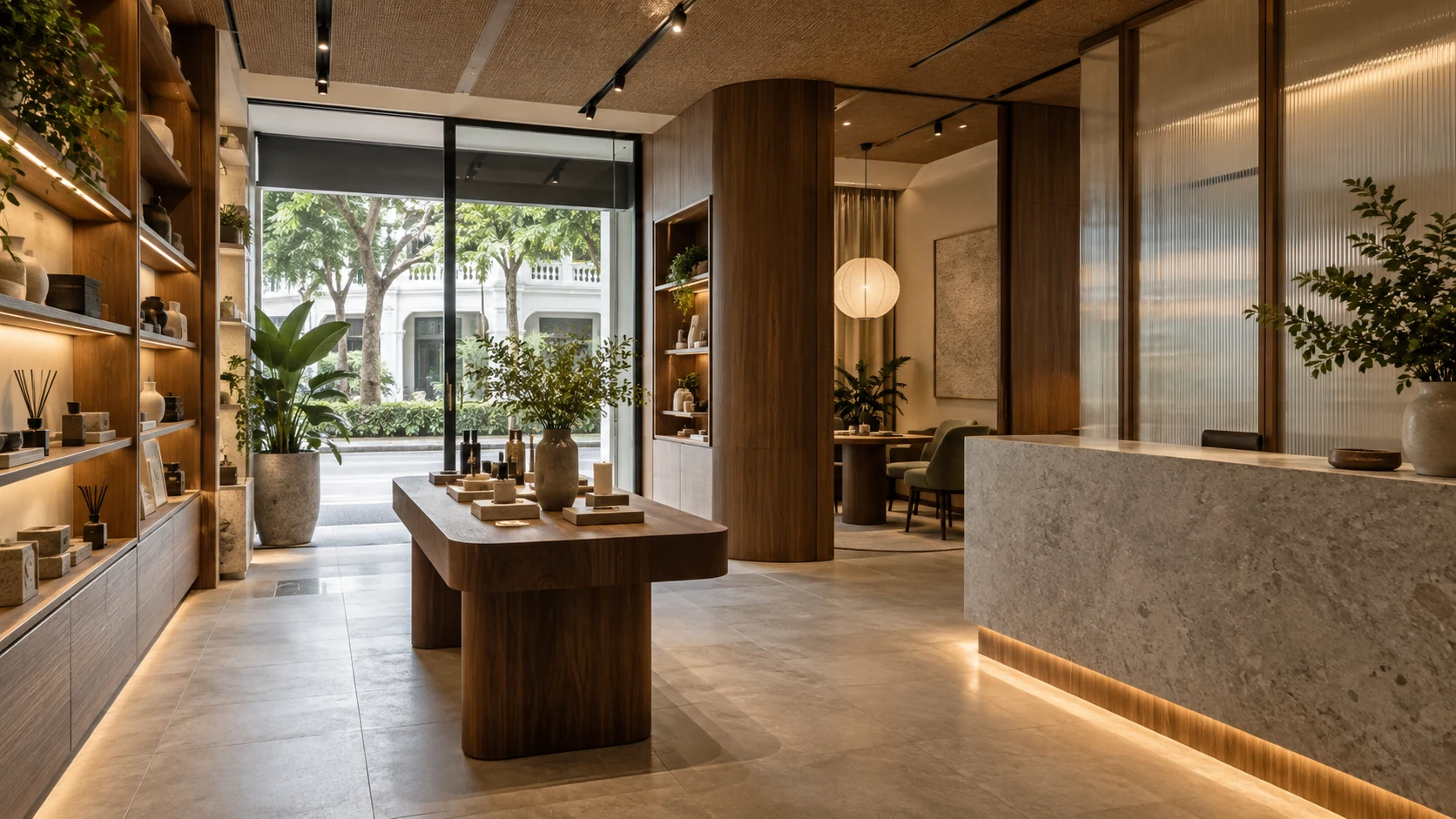 A refined Singapore commercial interior with clear circulation, warm materials and a welcoming retail frontage.
