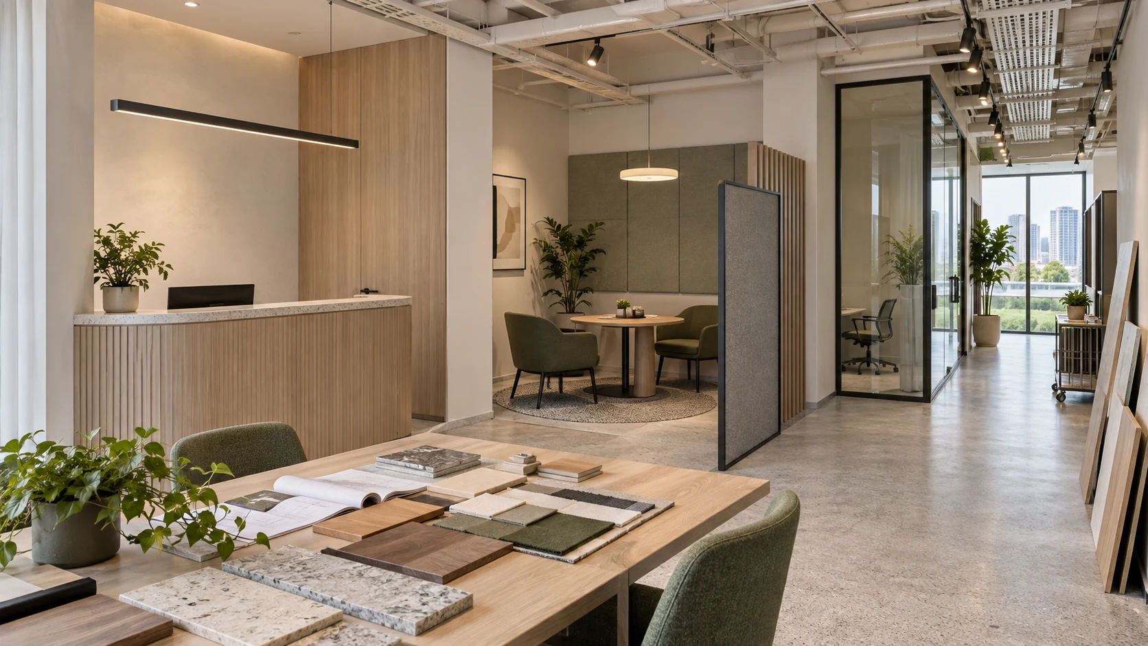 A commercial interior planning scene with material samples, acoustic panels and clear routes through reception and consultation areas.