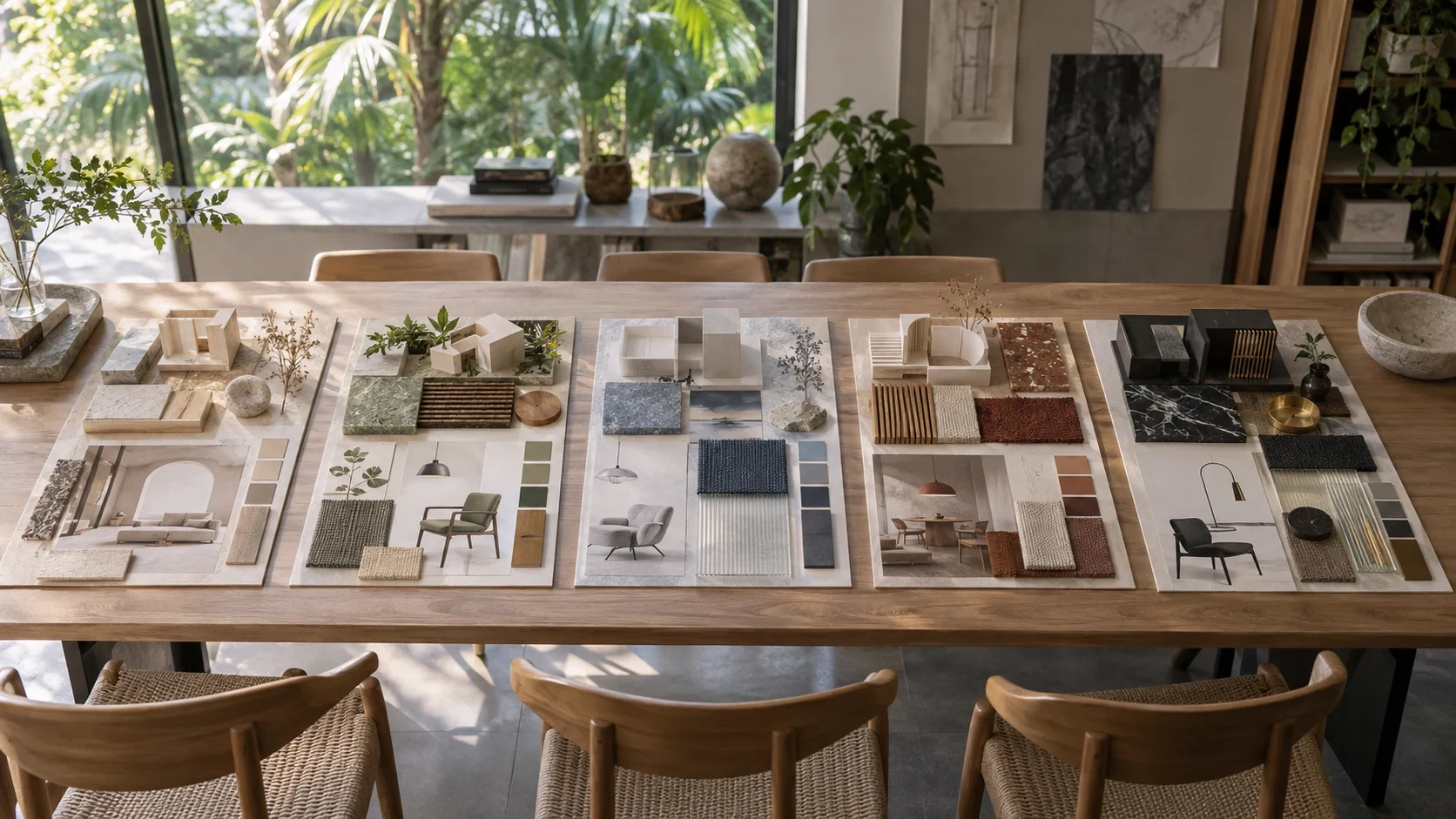 Five distinct material and concept palettes arranged for comparison in a tropical design studio.