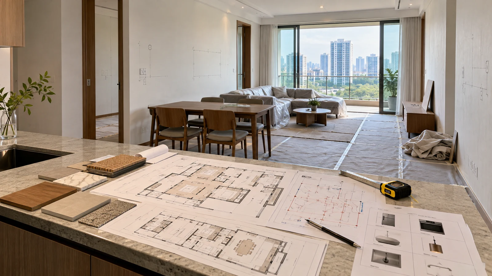 Singapore condominium at the start of renovation with protected floors, coordinated plans, measuring tools and material samples prepared before hacking.