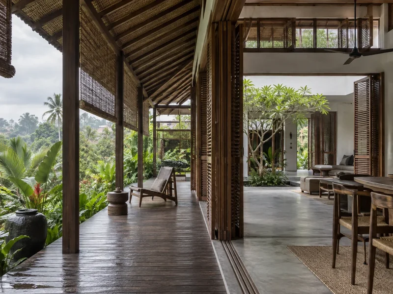 A shaded tropical home with deep eaves, operable timber screens and rooms aligned to capture cooling breezes.