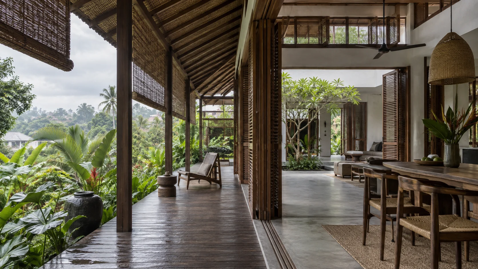 A shaded tropical home with deep eaves, operable timber screens and rooms aligned to capture cooling breezes.
