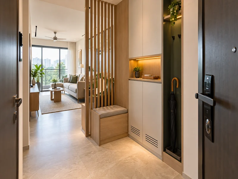Compact Singapore apartment entryway with a clear door swing, ventilated shoe storage, a bench, key shelf, umbrella niche and privacy screen.