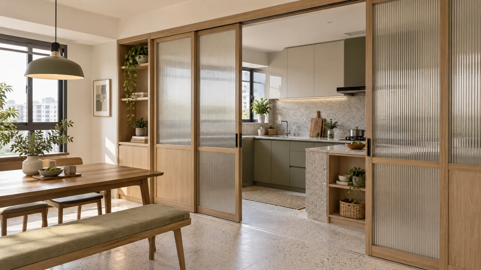 A semi-open kitchen with fluted-glass sliding panels and integrated storage