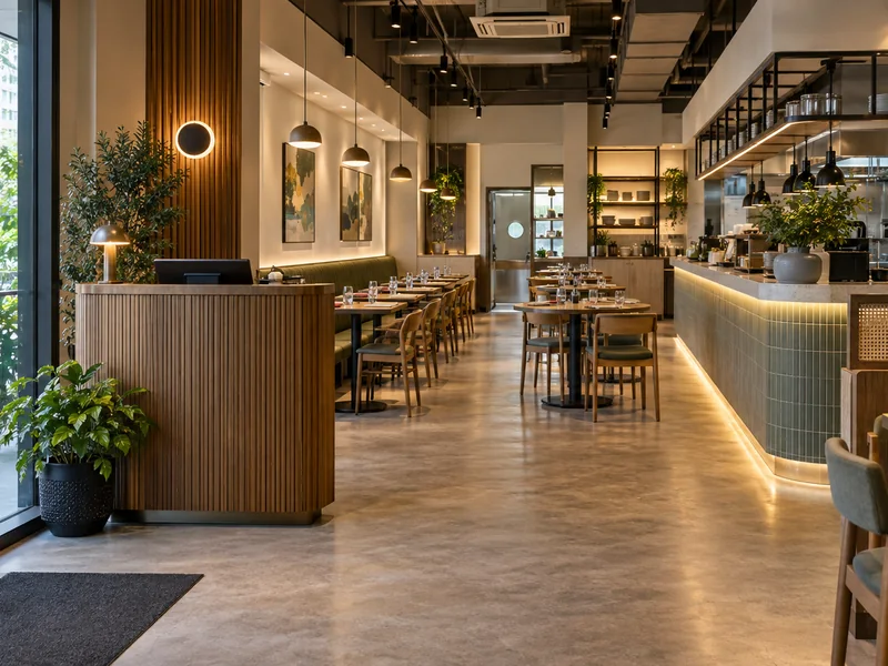 A compact contemporary Singapore restaurant with clear circulation, mixed seating and a visible service counter.