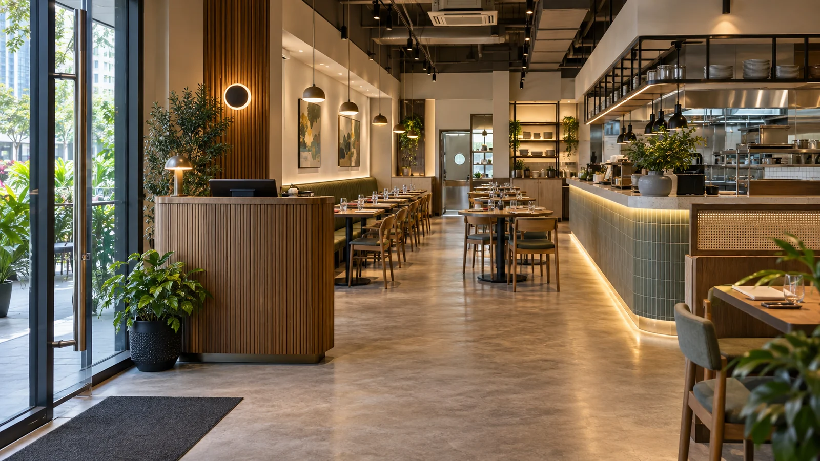 A compact contemporary Singapore restaurant with clear circulation, mixed seating and a visible service counter.