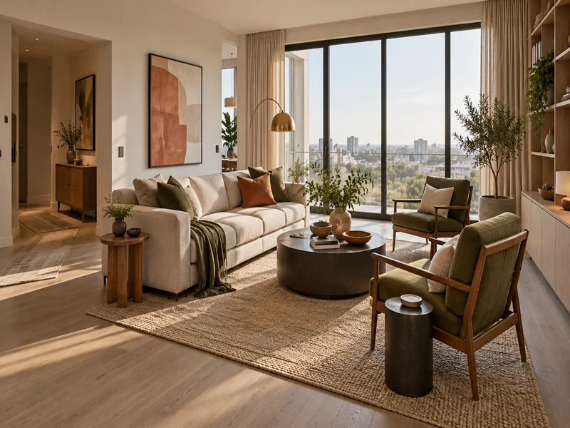 Contemporary living room with a correctly scaled sofa, two lounge chairs, coffee table and rug arranged around a clear circulation route.
