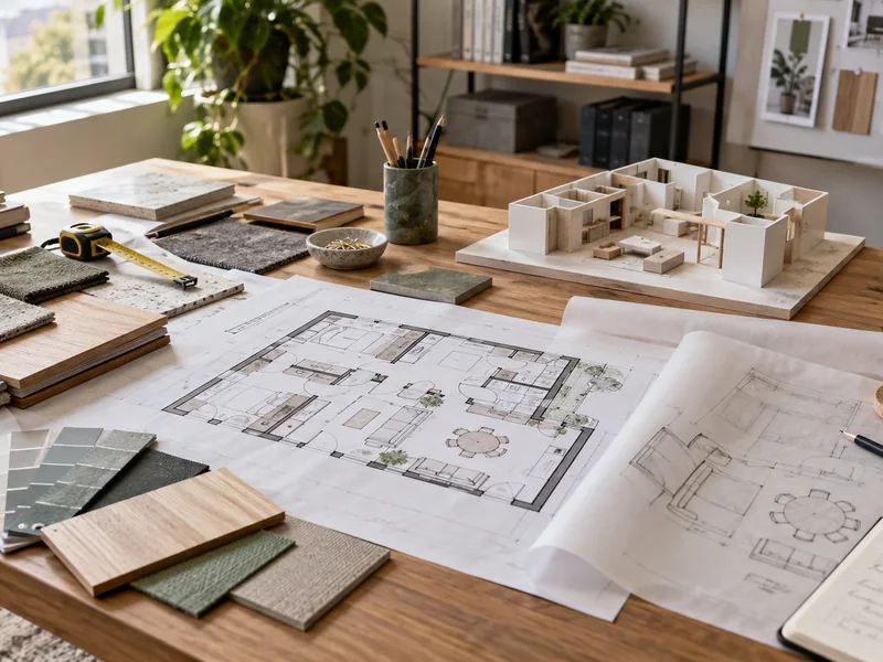 Floor plans, material samples and layout studies on an interior design worktable.