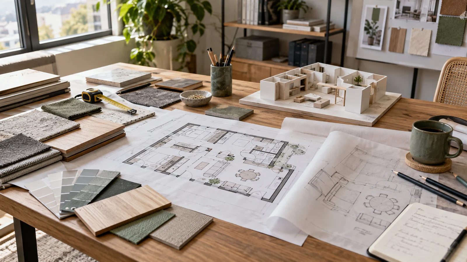Floor plans, material samples and layout studies on an interior design worktable.