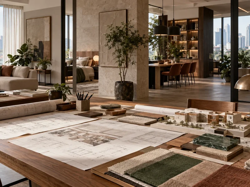 A Singapore design studio with drawings, models and material samples representing residential, hospitality and workplace interiors.