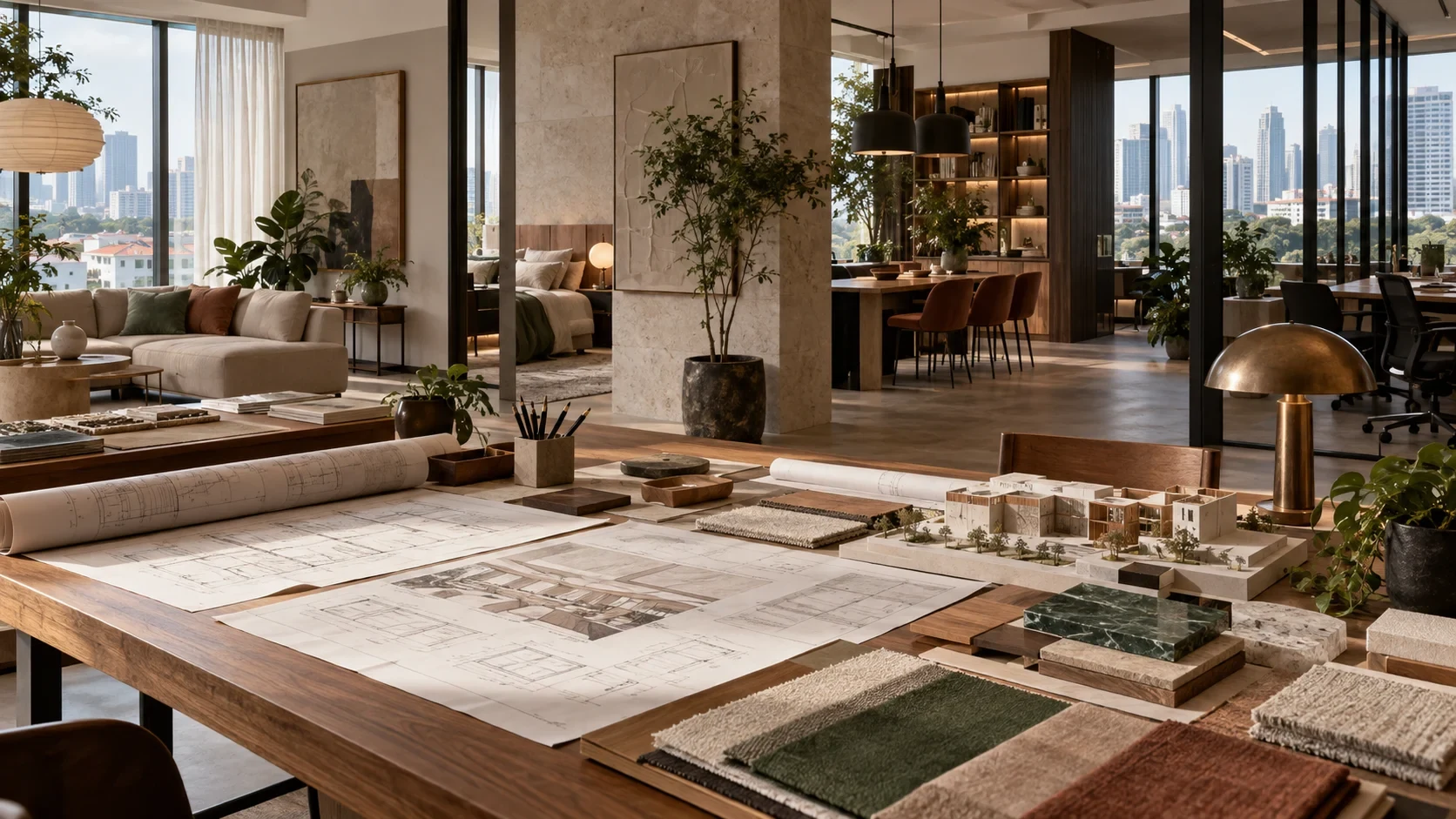 A Singapore design studio with drawings, models and material samples representing residential, hospitality and workplace interiors.