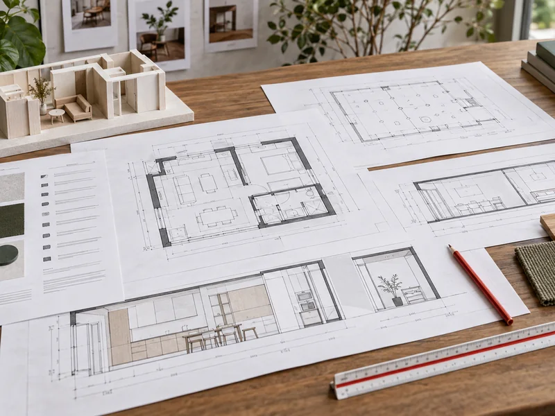 Interior design construction drawings, material samples and a scale model arranged on a studio worktable.