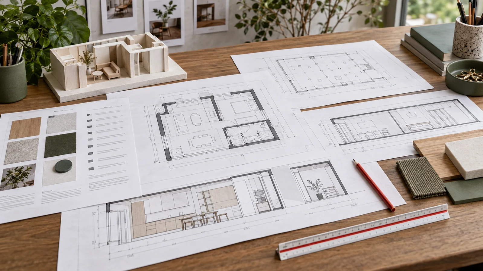 Interior design construction drawings, material samples and a scale model arranged on a studio worktable.