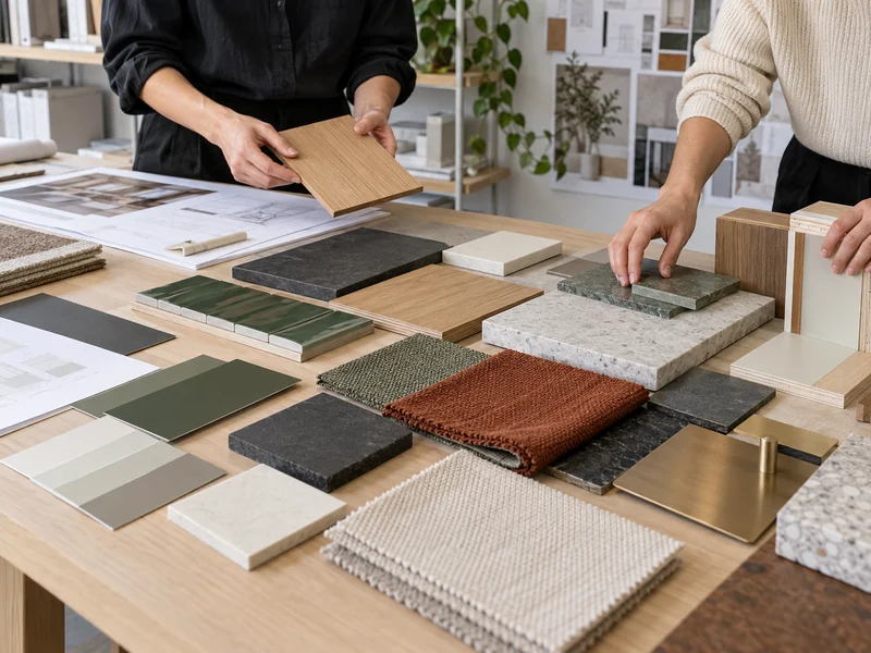Two interior designers comparing timber, stone, tile, fabric, paint and metal samples beside drawings and a joinery mock-up.