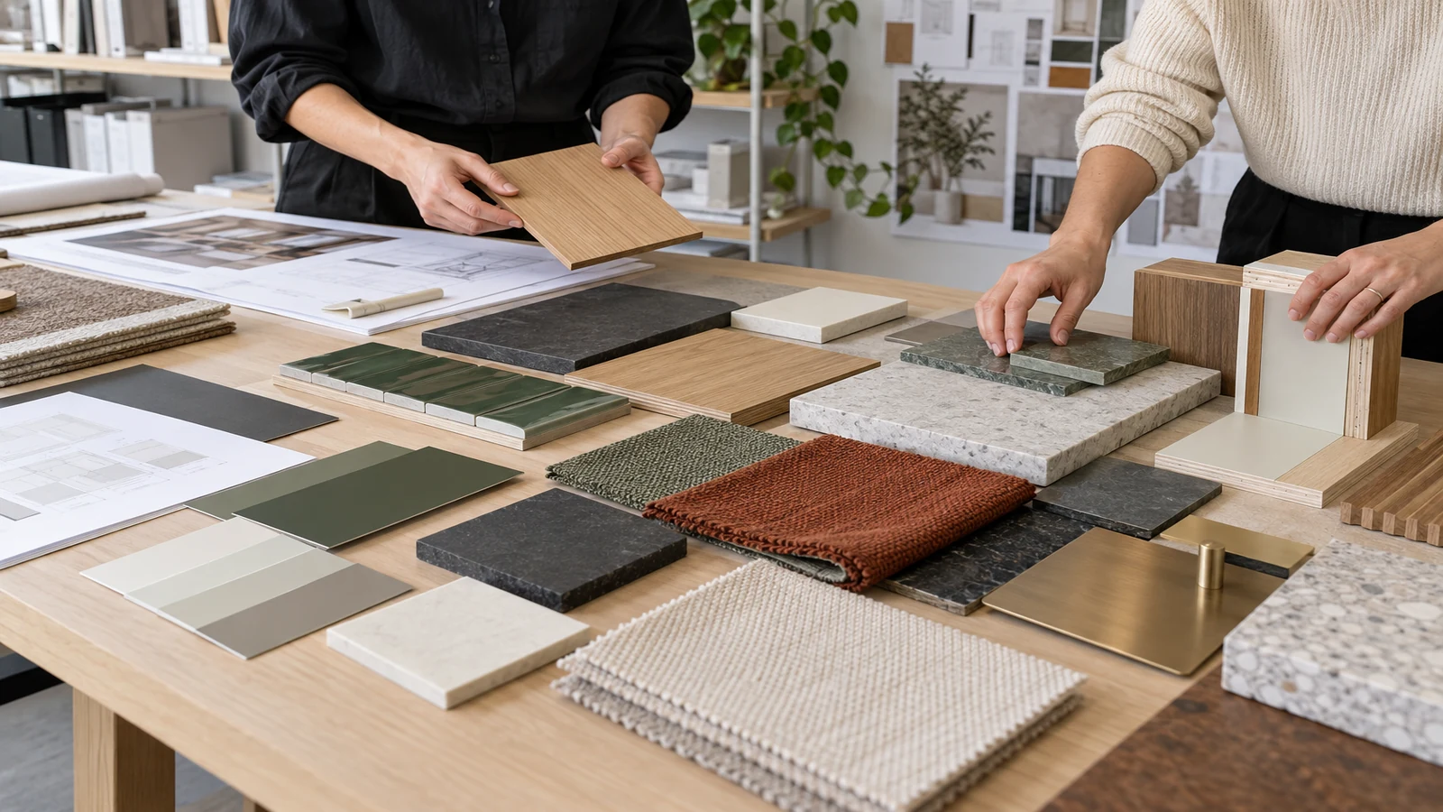 Two interior designers comparing timber, stone, tile, fabric, paint and metal samples beside drawings and a joinery mock-up.