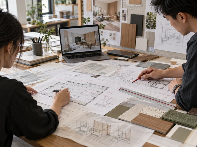 Two interior designers coordinate floor plans, joinery details and material samples at a Singapore design studio worktable.