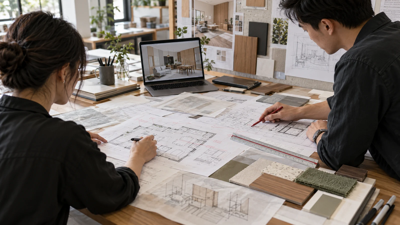 Two interior designers coordinate floor plans, joinery details and material samples at a Singapore design studio worktable.