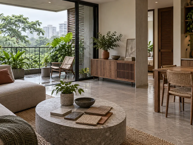 A contemporary interior with timber, stone, ceramic and woven finishes beside a shaded tropical balcony.