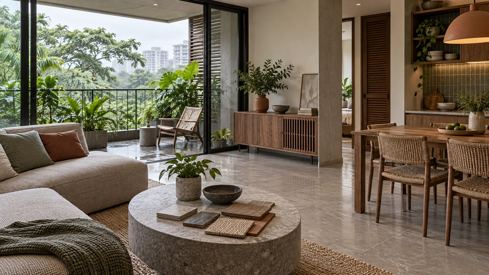 A contemporary interior with timber, stone, ceramic and woven finishes beside a shaded tropical balcony.
