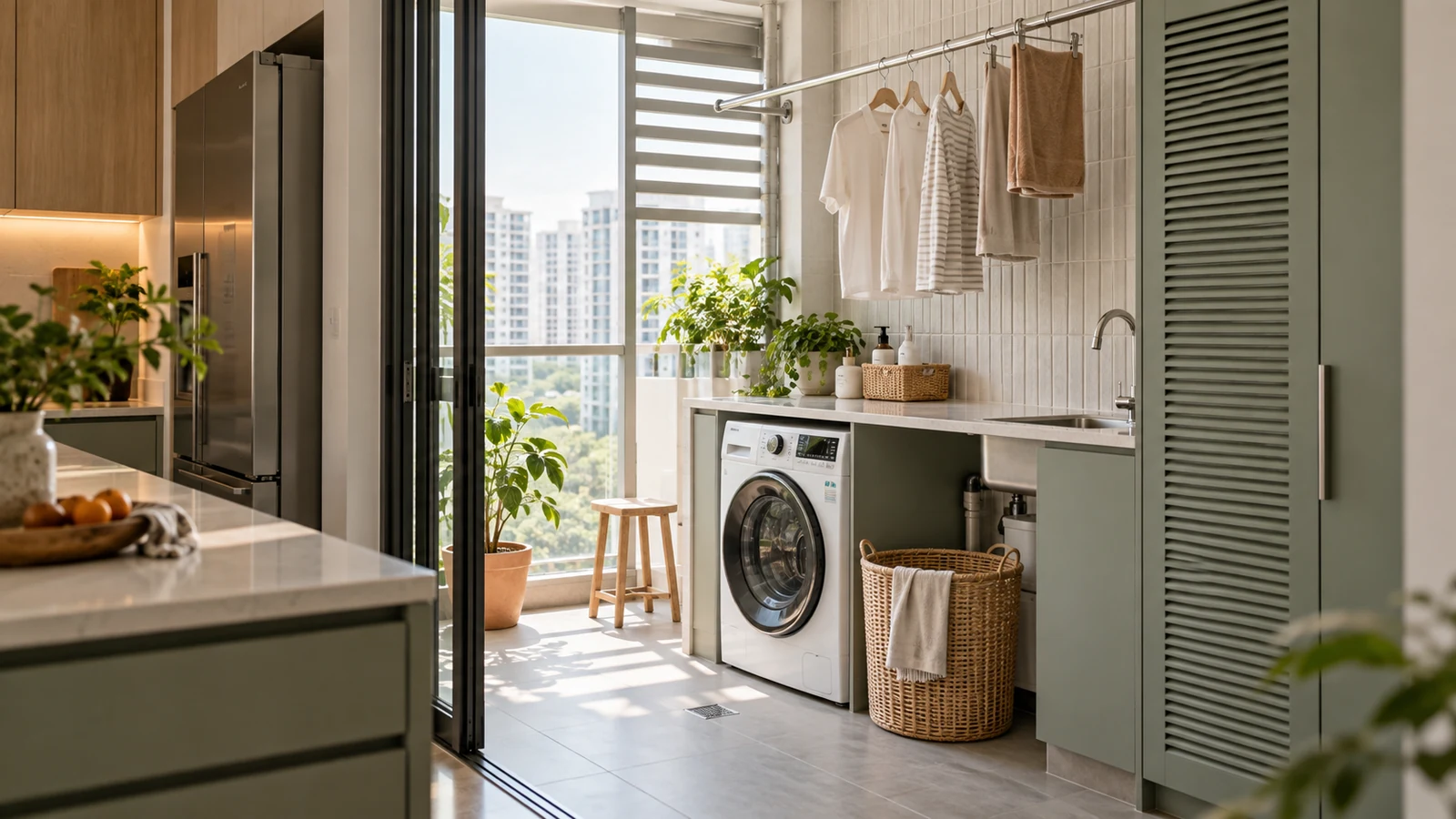 Compact Singapore apartment laundry area with a washing machine, worktop, drying rail, ventilated storage and clear circulation beside the kitchen.