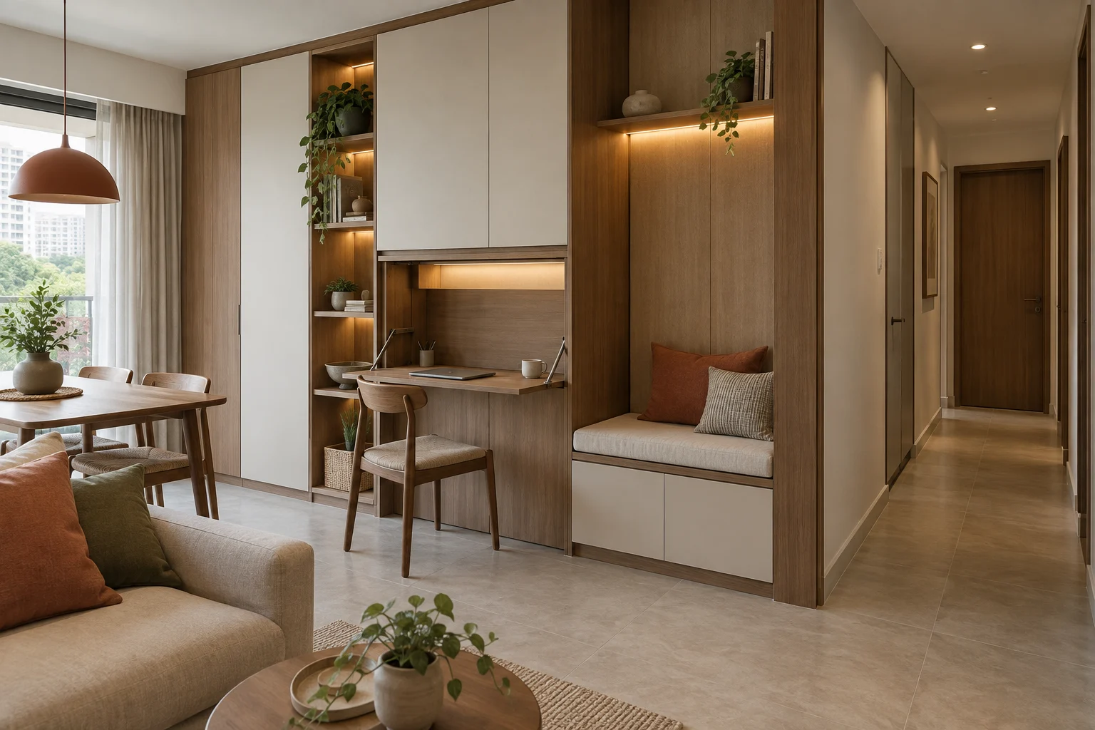 A multifunctional storage wall combines concealed cupboards, a work surface and bench seating without blocking circulation.