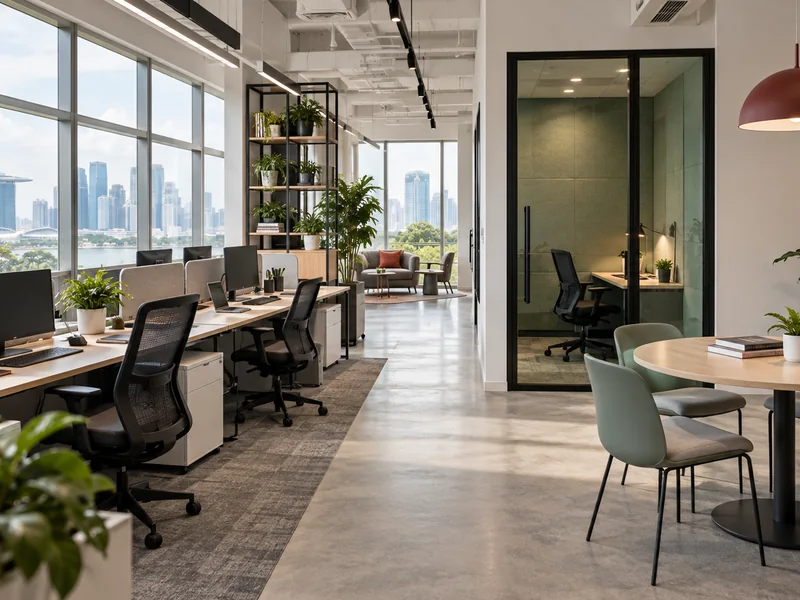 A contemporary Singapore office with ergonomic workstations, a quiet room, a collaboration table and clear circulation.
