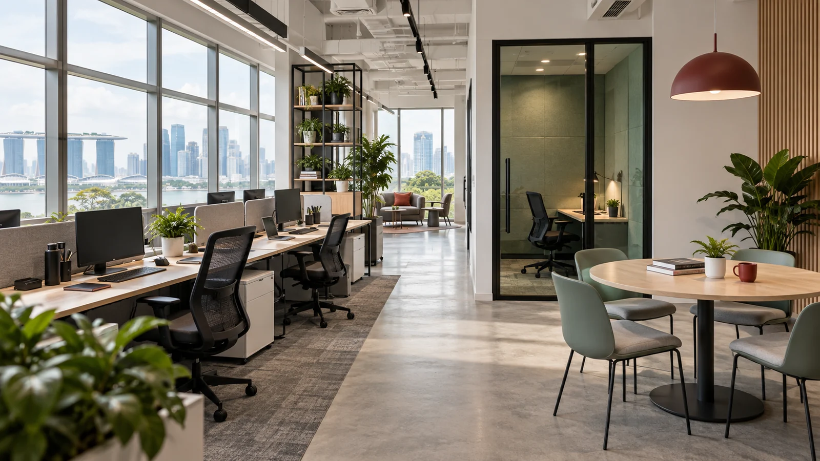 A contemporary Singapore office with ergonomic workstations, a quiet room, a collaboration table and clear circulation.