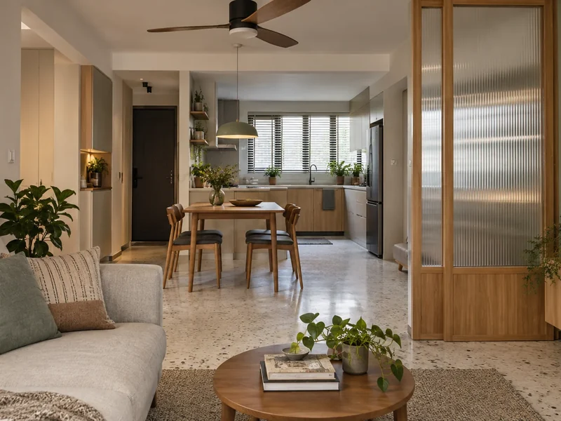 An open-plan Singapore apartment with distinct living, dining and kitchen zones.
