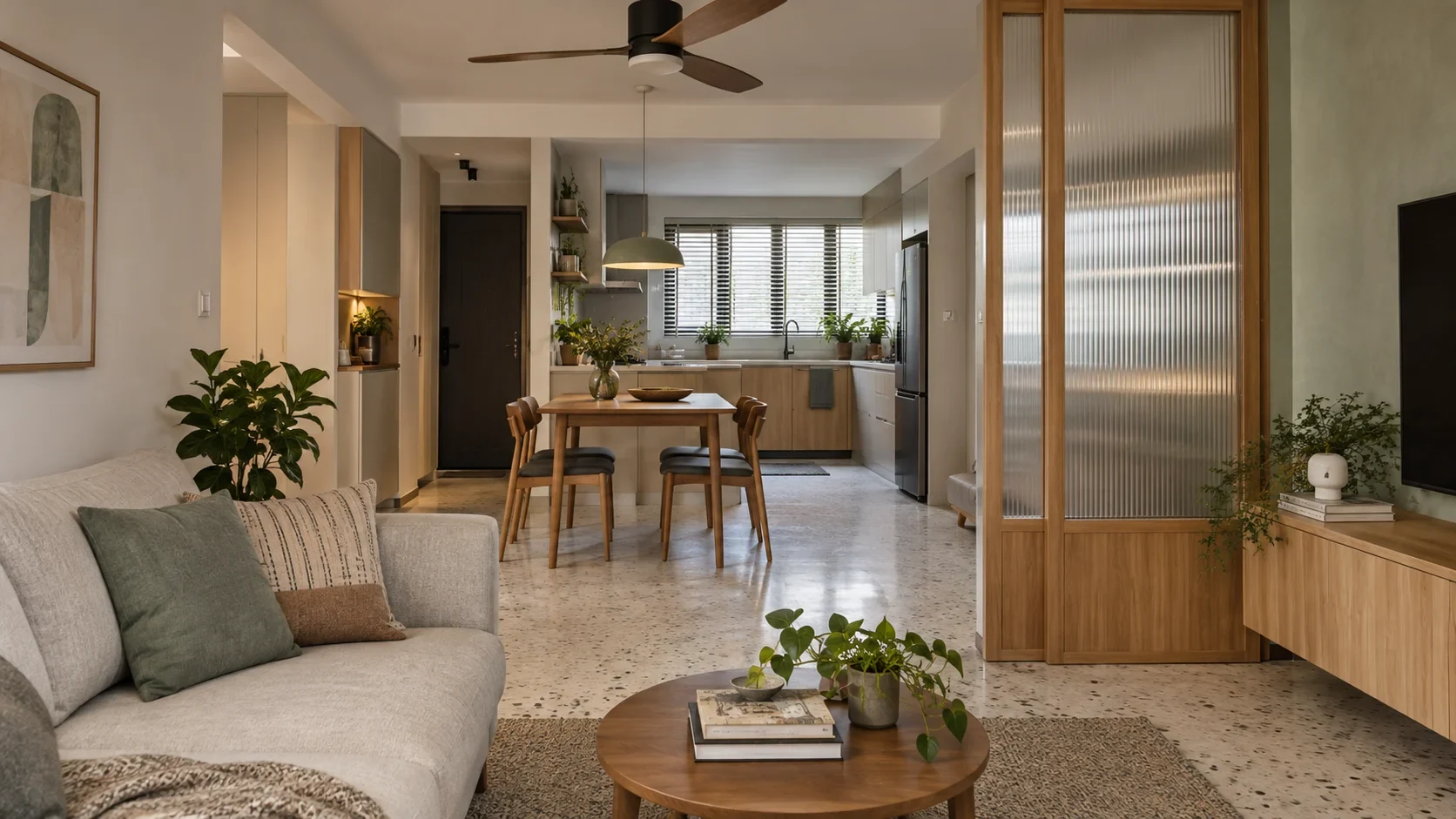 An open-plan Singapore apartment with distinct living, dining and kitchen zones.