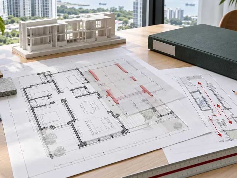 Architectural plans, structural overlays and a fire-safety circulation sketch arranged for a Singapore renovation review.