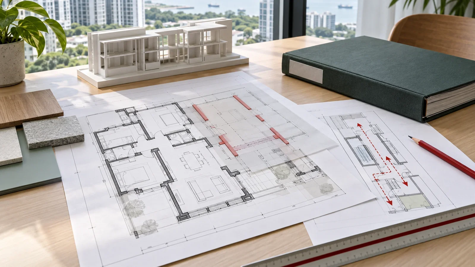 Architectural plans, structural overlays and a fire-safety circulation sketch arranged for a Singapore renovation review.