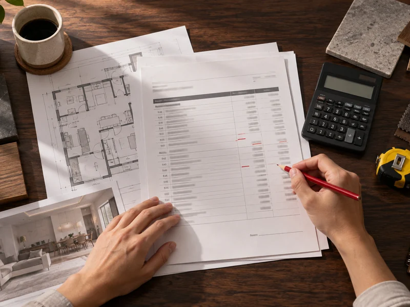 A homeowner reviewing an itemised renovation quotation beside floor plans, a calculator and material samples.